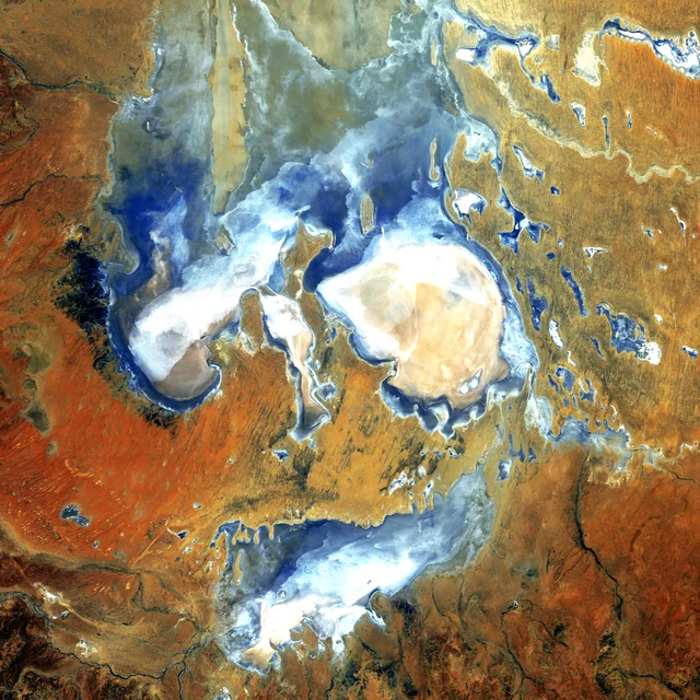 Ochre terrain surrounding blue and white salt lake formations in a false-colour satellite image of Lake Eyre